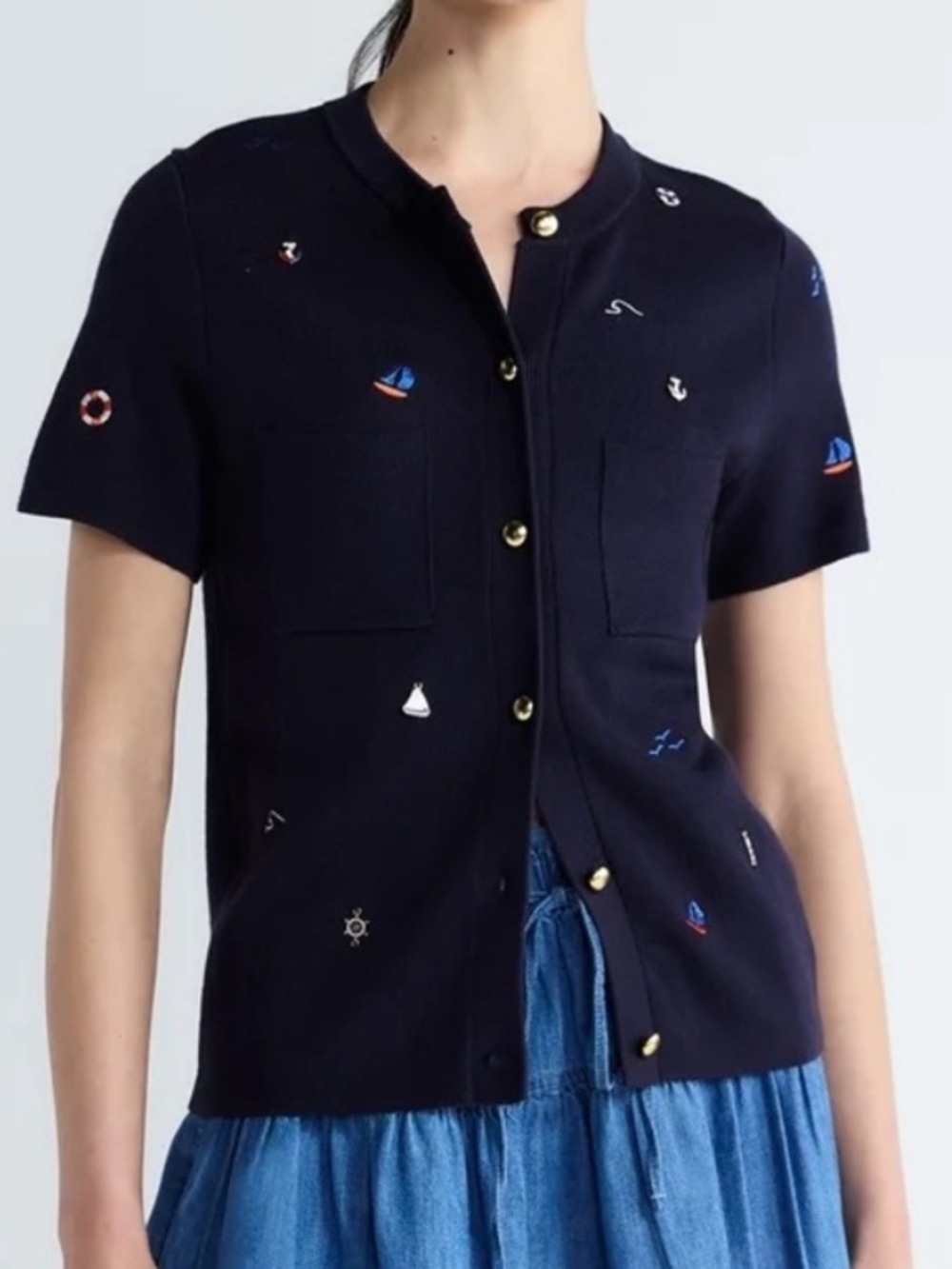 NWT Knit Navy Nautical Embroidered Short-Sleeve Cardigan Free Assembly